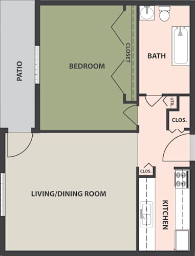 Floor Plan  A floor plan of a room with a patio, bedroom, bathroom, living/dining room, and kitchen.