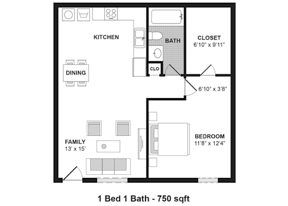 Floor Plan  A floor plan of a small apartment with one bedroom and one bathroom.