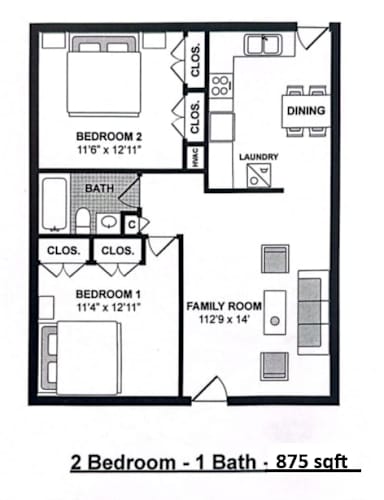 Floor Plan  A floor plan of a 2 bedroom, 1 bathroom apartment is shown.
