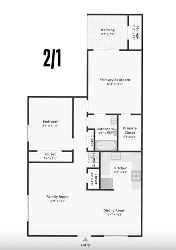 Floor Plan  A floor plan of a 2/1 apartment with a balcony, two bedrooms, a family room, a dining room, a kitchen, and a bathroom.