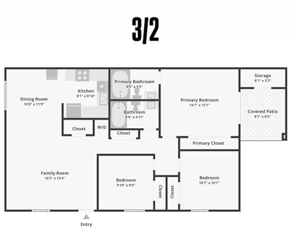 Floor Plan  A floor plan of a 3/2 property with a dining room, kitchen, family room, two bedrooms, a bathroom, a storage area, and a covered patio.
