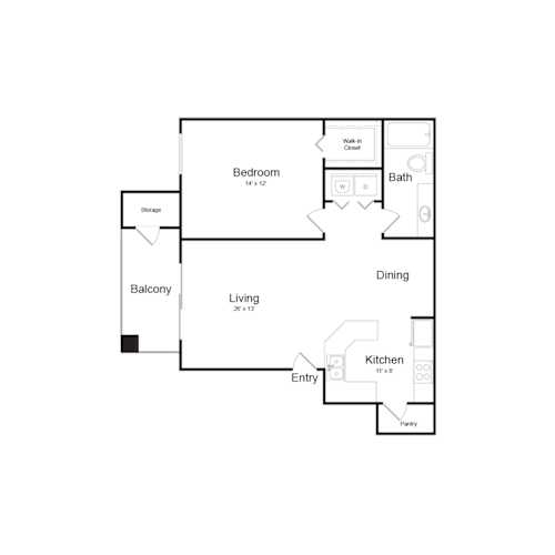 Floor Plan  A floor plan of a home with a living room, dining room, kitchen, bedroom, and bathroom.