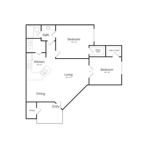 Floor Plan  A floor plan of a home with a living room, dining room, kitchen, two bedrooms, a bathroom, and storage.