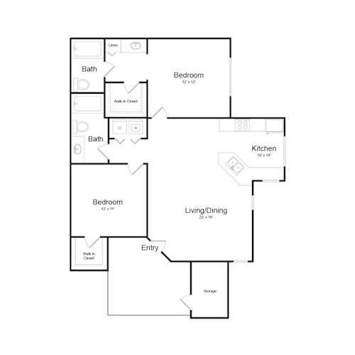 Floor Plan  A floor plan of a house with a living room, two bedrooms, two bathrooms, a kitchen, and storage.