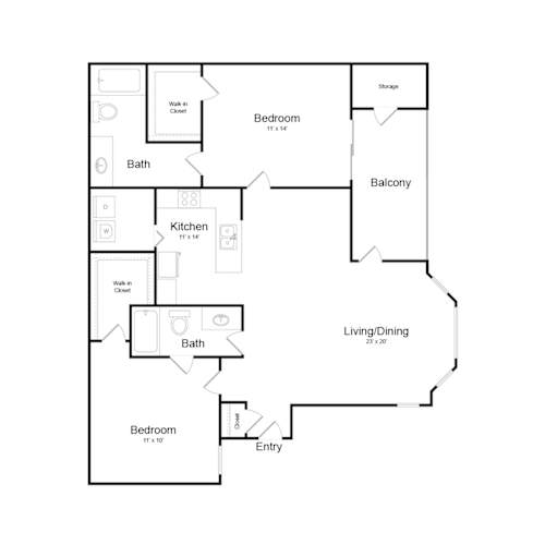Floor Plan  A floor plan of a house with two bedrooms, a living/dining area, a kitchen, a bath, a balcony, and storage.