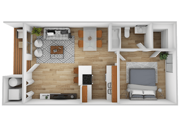 Floor Plan  A top-down view of a well-organized living space with a kitchen area.