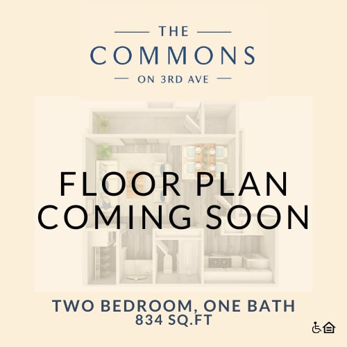 Floor Plan  A poster advertising a two bedroom, one bath apartment at The Commons on 3rd Ave.