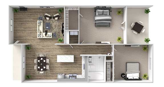 Floor Plan  A 3D floor plan of a small apartment with a living room, kitchen, and bedroom.
