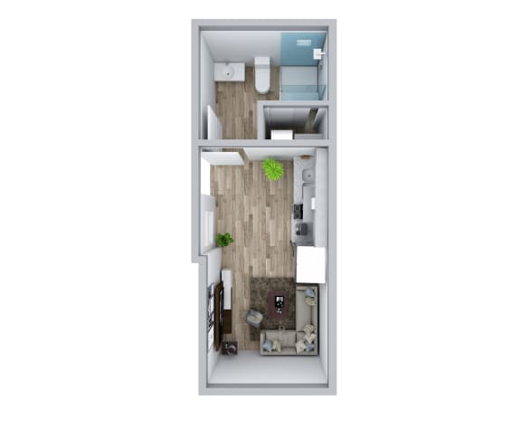 Floor Plan  a floor plan of a studio apartment with a bedroom and a living room