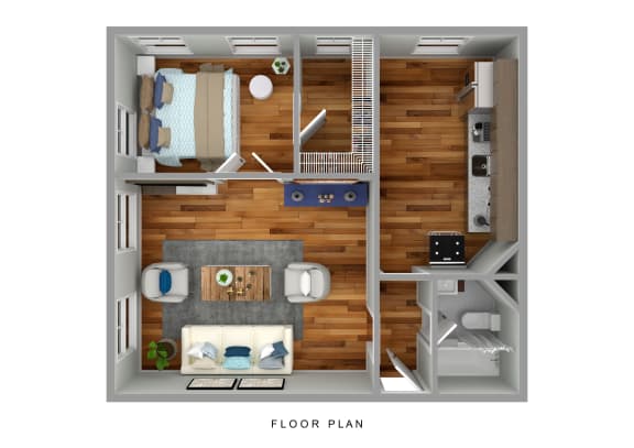Floor Plan  a stylized floor plan of a 1 bedroom apartment