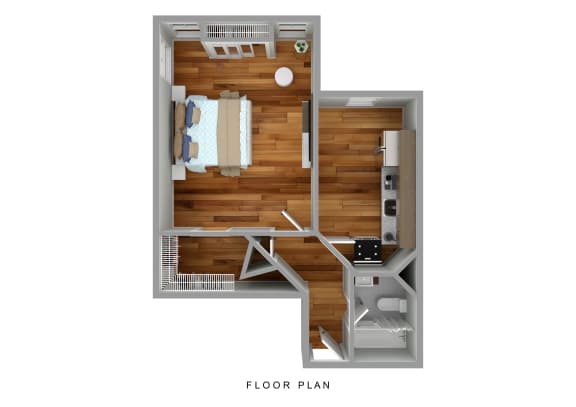 Floor Plan  a stylized floor plan of a bedroom with a bathroom and a living room