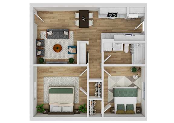 Floor Plan  A top down view of a small apartment with a bedroom, living room, and kitchen.