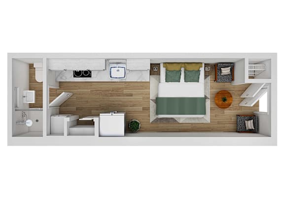 Floor Plan  A top down view of a small apartment with a bed, a couch, a table, and a fridge.