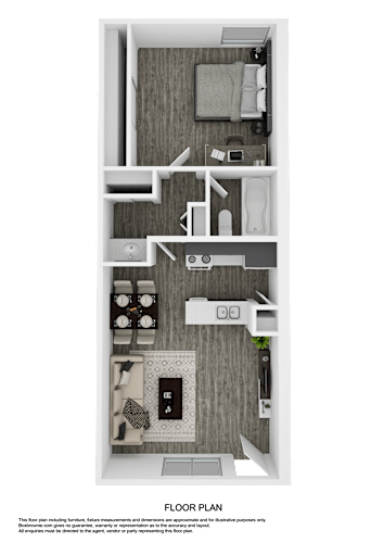Floor Plan  A floor plan of a room with a kitchen, living room, and bathroom.