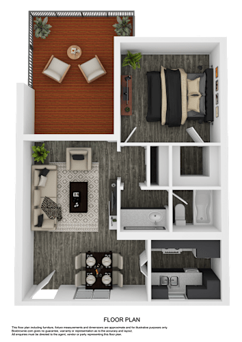 Floor Plan  A floor plan of a small apartment with a kitchen, living room, and bathroom.