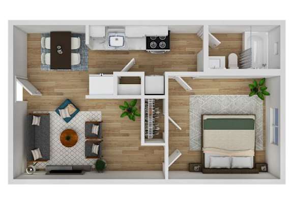 Floor Plan  A top-down view of a small apartment with a bedroom, living room, and kitchen.