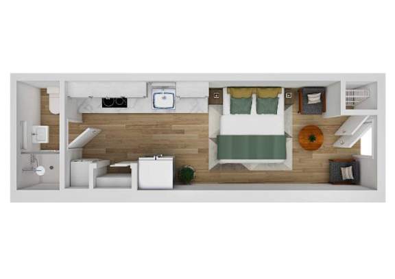 Floor Plan  A top down view of a small apartment with a bed, a couch, a chair, a table, a sink, and a toilet.