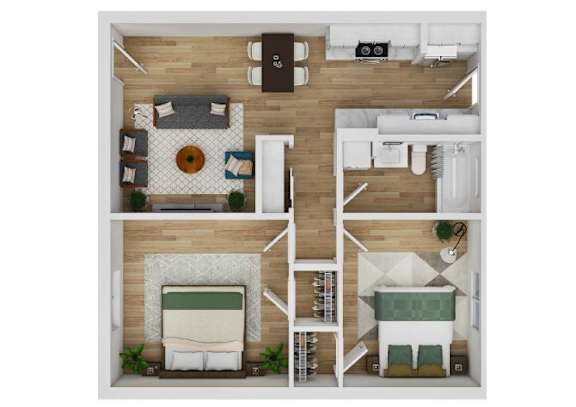 Floor Plan  A top-down view of a small apartment with a bed, a couch, a kitchen, and a bathroom.