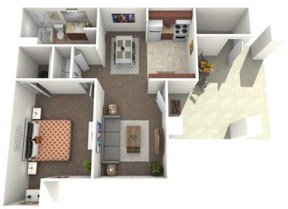 Floor Plan  A 3D rendered image of a house layout.