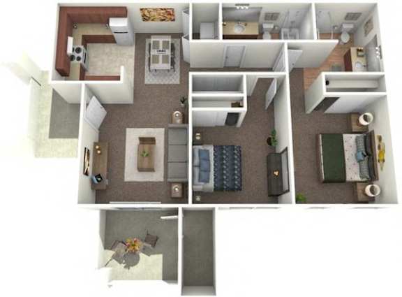 Floor Plan  A top-down view of a house layout with a kitchen, living room, bedrooms, and bathrooms.