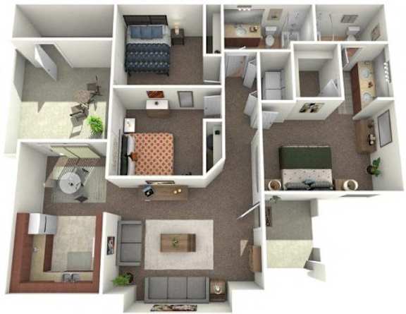 Floor Plan  A 3D floor plan of a small apartment with a living room, kitchen, and bedroom.