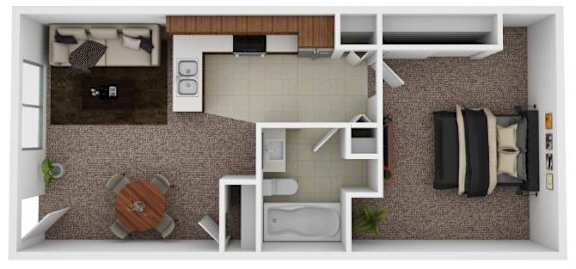 Floor Plan  A small apartment with a kitchen, living room, and bedroom.