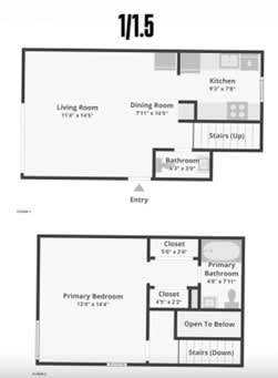 Floor Plan  A floor plan of a one bedroom apartment with a living room, dining room, kitchen, and bathroom.