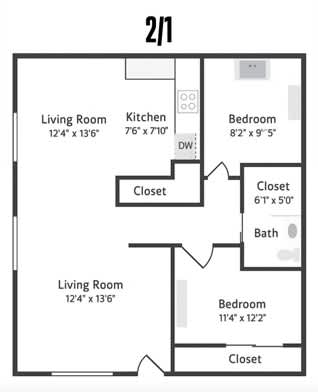 Floor Plan  A 2/1 house plan with two living rooms, one kitchen, and two bedrooms.