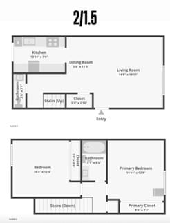 Floor Plan  A floor plan of a two-bedroom, one-bathroom apartment.