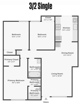 Floor Plan  A 3/2 single floor plan with two bedrooms, a living room, a dining room, a kitchen, and a closet.