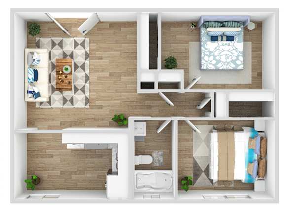 Floor Plan  A top-down view of a modern apartment layout with a kitchen, living room, and bedroom.