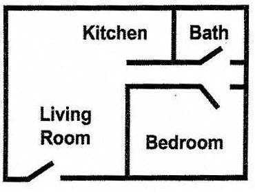 Floor Plan  A diagram of a house layout with a kitchen, bath, living room, and bedroom.