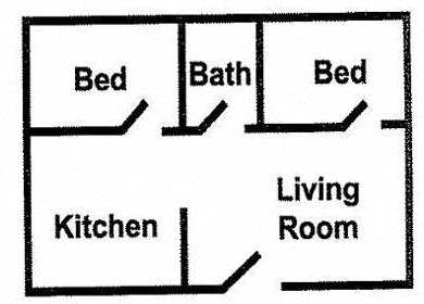Floor Plan  A drawing of a house with a living room, kitchen, and three bedrooms.