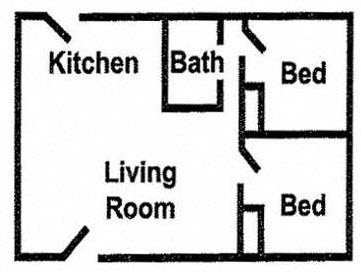 Floor Plan  A drawing of a house with a living room, kitchen, and two bedrooms.