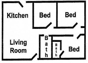 Floor Plan  A drawing of a house with a living room, kitchen, and four bedrooms.