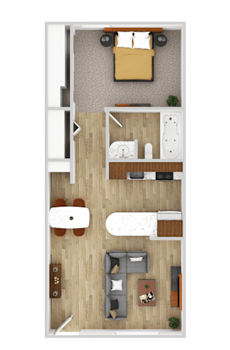 Floor Plan  A top-down view of a living room with a couch, chair, and coffee table.