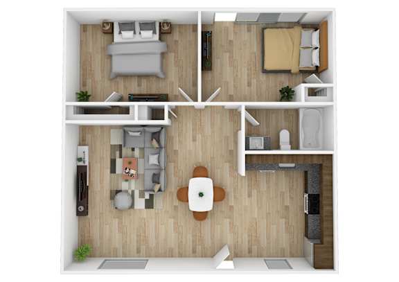 Floor Plan  A top-down view of a modern apartment layout with a kitchen, living room, and two bedrooms.