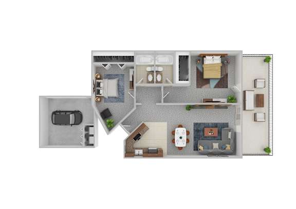 Floor Plan  A floor plan of a house with a garage, living room, kitchen, and two bedrooms.