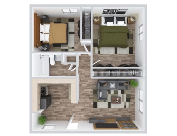Floor Plan  a 3d rendering of the 1 bedroom floor plan with a kitchen and living room