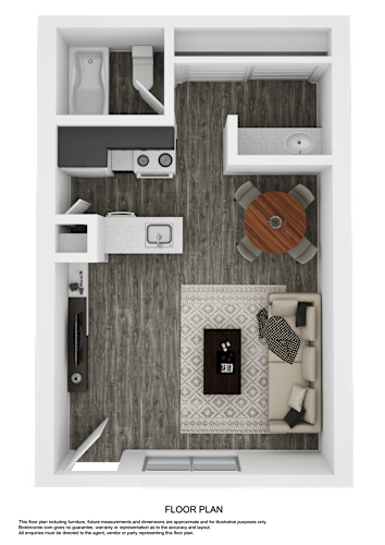 Floor Plan  A floor plan of a small apartment with a kitchenette, living room, and bathroom.