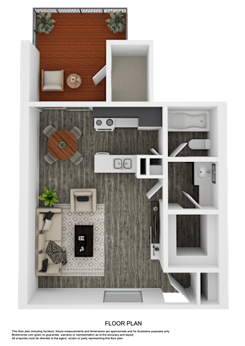 Floor Plan  A floor plan of a small apartment with a kitchen, living room, and bathroom.