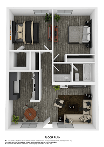 Floor Plan  A floor plan of a small apartment with a kitchen, living room, and bathroom.
