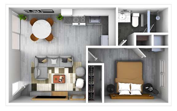 Floor Plan  A 3D rendered image of a modern bedroom with a bed, a desk, and a chair.