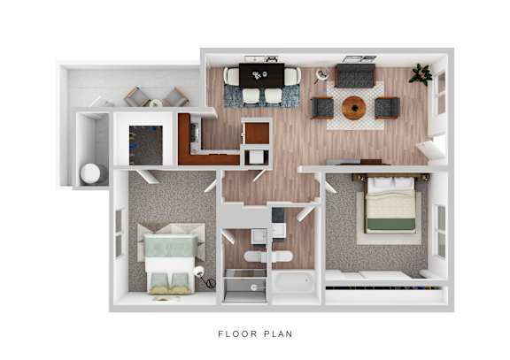 Floor Plan  A floor plan of a small apartment with a kitchen, living room, and two bedrooms.