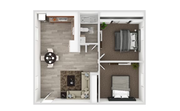 Floor Plan  the interior of a studio apartment with a bedroom and a living room
