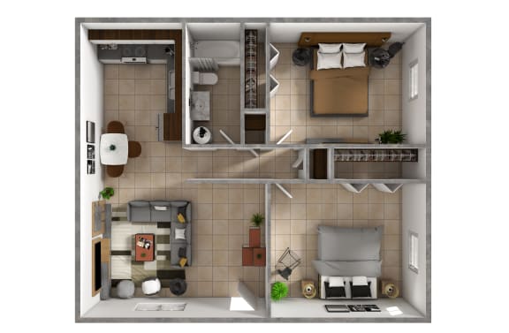 Floor Plan  a 3d drawing of the 1 bedroom floor plan of a modern apartment