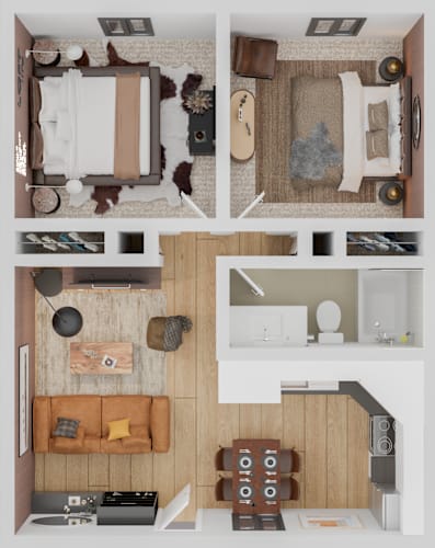 Floor Plan  A top-down view of a living room with a couch, a coffee table, and a guitar.