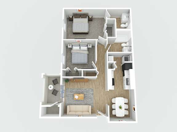Floor Plan  A top-down view of a small apartment with a kitchen, living room, and bedroom.