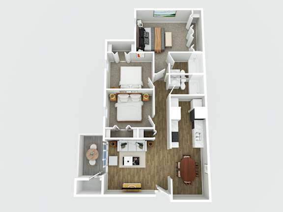 Floor Plan  A top-down view of a house layout with a kitchen, living room, and two bedrooms.