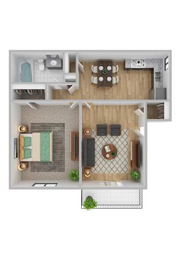 Floor Plan  A top-down view of a small apartment with a living room, kitchen, and bedroom.